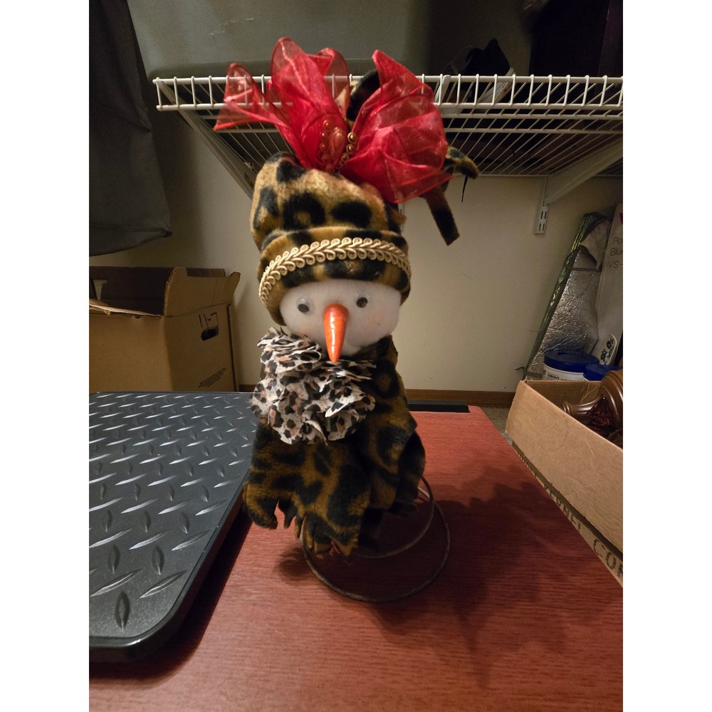 Leopard Print Plush Snowman Figurine‎ Red Bow Metal Spring Base Holiday Decor